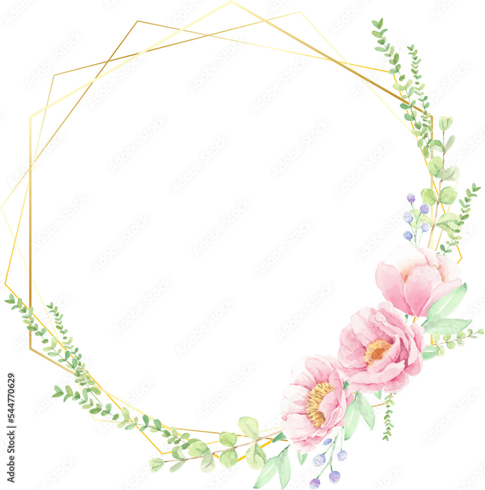 watercolor pink peony flower bouquet arrangement wreath with golden frame for logo or banner