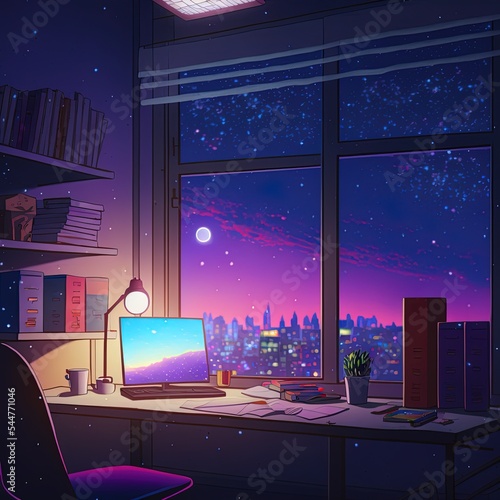 Lofi empty interior. Messy desk, window view of a night sky, anime, manga style. Colorful study lo-fi desk. Cozy chill vibe. Atmoshperic lighs. Stars 4k wallpaper. photo