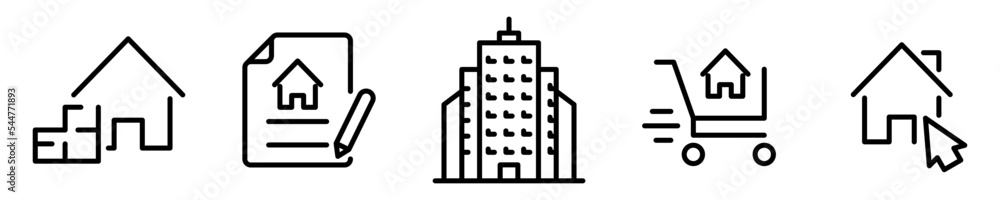 Conjunto de iconos de bienes raíces. Comprar casa, edificio, propiedad, plano. Ilustración vectorial - obrazy, fototapety, plakaty 