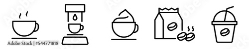 Conjunto de iconos de cafetería. Café caliente, taza, bebida fría, café con crema. Ilustración vectorial