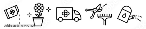 Conjunto de iconos de jardín. Herramientas, flores, transporte. Ilustración vectorial