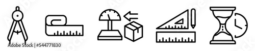 Conjunto de iconos de medición de peso, tiempo y longitud. Regla, balanza, compás, regla, reloj de arena. Ilustración vectorial