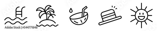 Conjunto de iconos de vacaciones de verano. Playa, piscina, sol, sombrero, coco. Ilustración vectorial