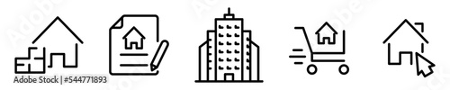 Conjunto de iconos de bienes raíces. Comprar casa, edificio, propiedad, plano. Ilustración vectorial