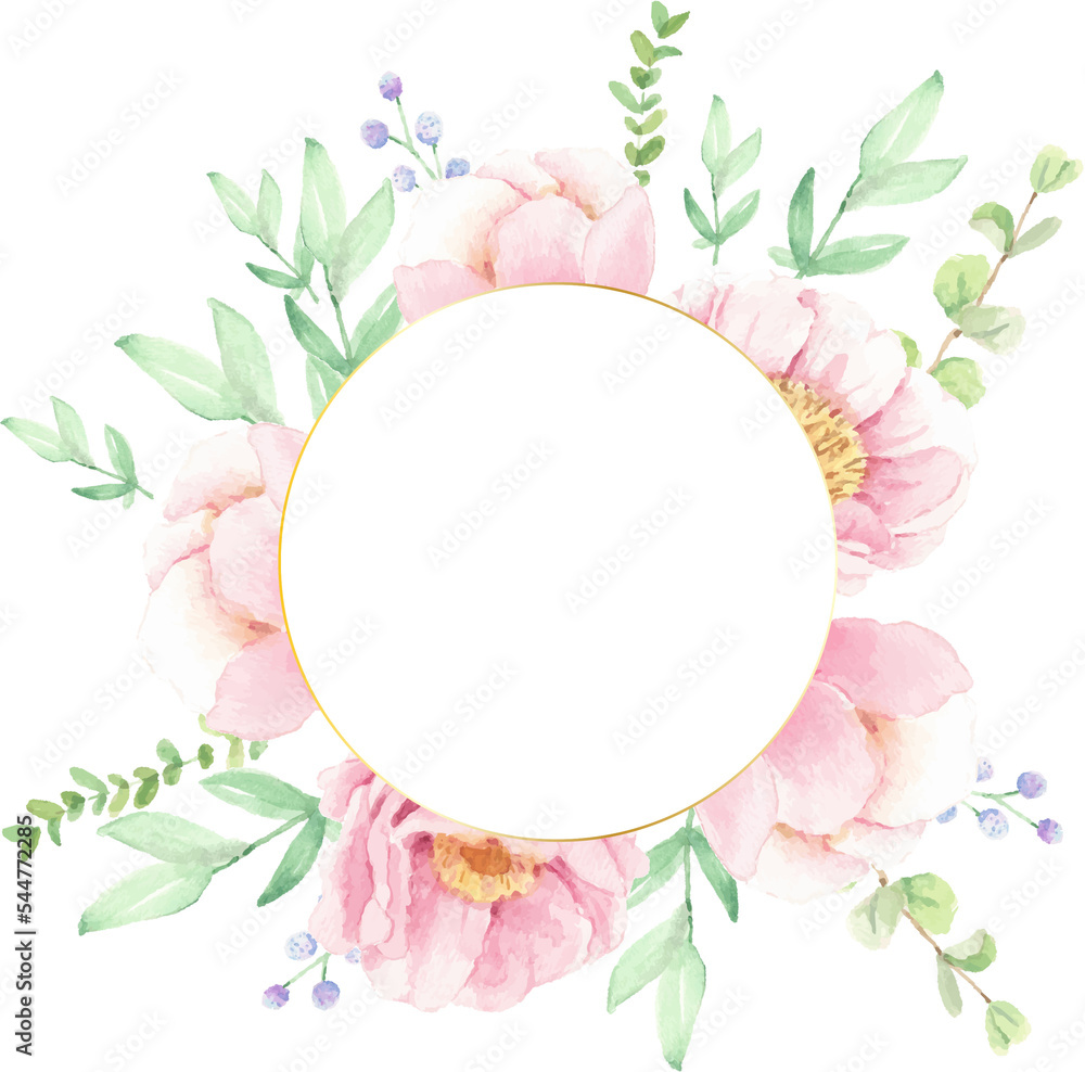 watercolor pink peony flower bouquet arrangement wreath with golden frame for logo or banner watercolor pink peony flower bouquet arrangement wreath with golden frame for logo or banner