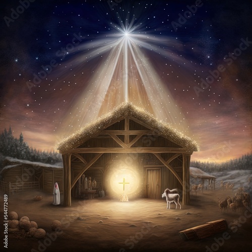 Fototapeta The star shines over the manger of christmas of Jesus Christ.