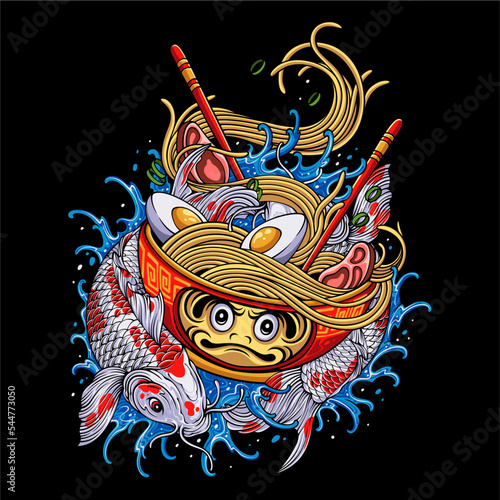 Colorful Japanese ramen with daruma bowl with circular koi fish on water background for t shirt design