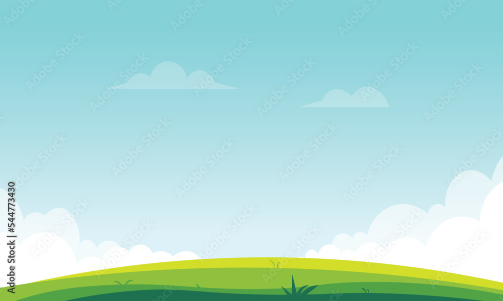 Fototapeta premium Cartoon landscape summer green fields view spring lawn hill and blue sky