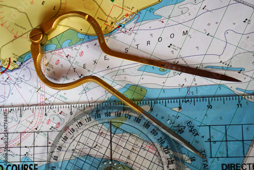 Compass course calculation, navigation, chart reading and sea chart orientation. Direction in north, east, south, west on meridians and parallels. Nautical chart and compass.