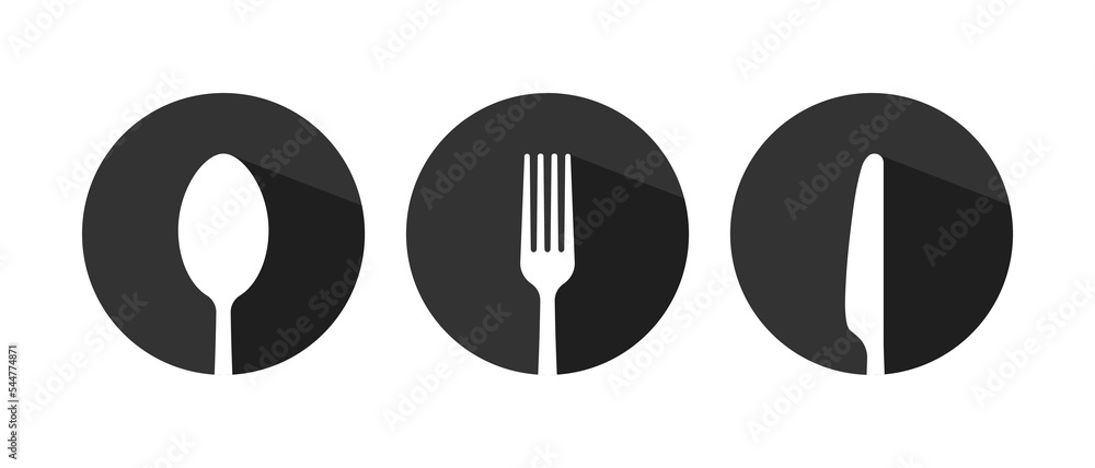 Cutlery round silhouette icons of spoon, fork, knife Cutlery round silhouette icons of spoon, fork, knife