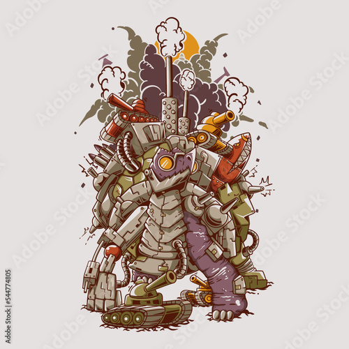 Vector Illustration Colorful Big Turtle Cyborg With Full Of Weapon And Tanks Vintage Illustration