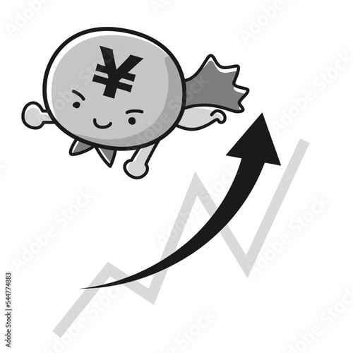 円通貨（¥）のヒーローキャラクターと上昇するチャートのイメージ（白黒）
