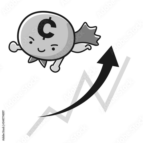 セント通貨（¢）のヒーローキャラクターと上昇するチャートのイメージ（白黒）