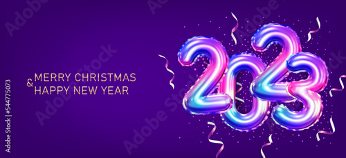 2023 3D Colorful Foil Balloon Numbers on Purple Background. New Year Horizontal Banner with Colorful Confetti. Realistic Vector Illustration for Poster  Banner  Invitation Card etc.