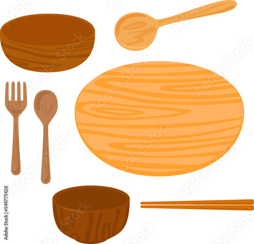 木製の食器のイラストセット