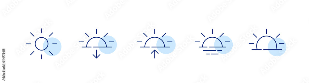 5 weather forecast icons. Sun setting down, rising and shining. Pixel perfect, editable stroke line icons 5 weather forecast icons. Sun setting down, rising and shining. Pixel perfect, editable stroke line icons