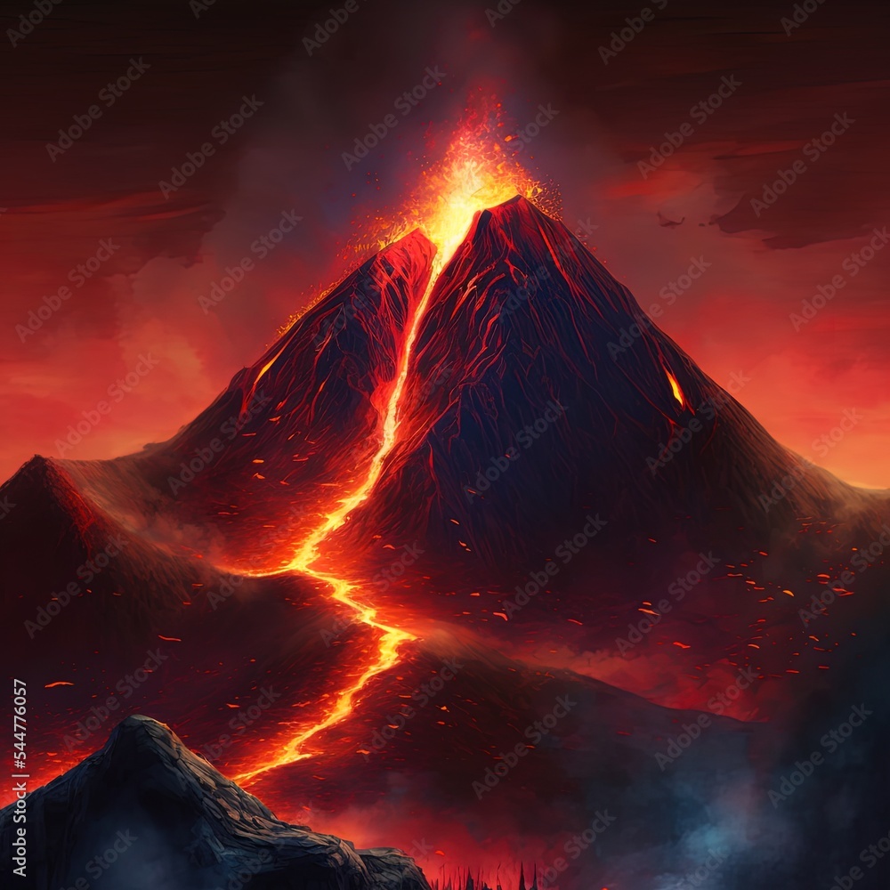 Legendary Mystery Red Fire Burning Mountain at Night. Fantasy Backdrop ...