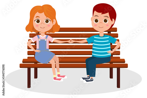 Children sitting on a bench.Cheerful children hold each other's hands and sit on a bench.Vector illustration.
