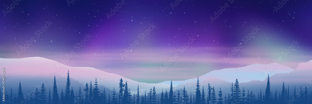 Winter northern landscape, mountains on the horizon and aurora borealis, vector illustration, panoramic view