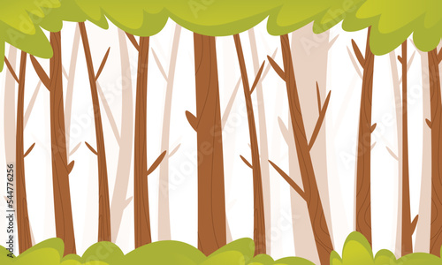 Forest landscape dense wild trees with tall branched trunks summer green landscape