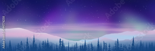 Winter northern landscape, mountains on the horizon and aurora borealis, vector illustration, panoramic view