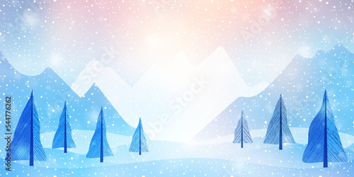 Fairytale winter landscape, cartoon nature, mountains with forest and falling snow