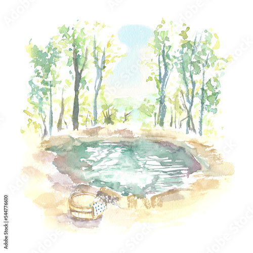水彩で描いた温泉と露天風呂のある風景イラスト