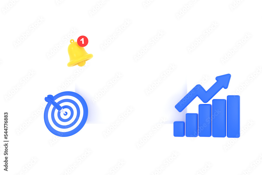 3D. Empty reminder pop up, notification bell icon with darts and coins 3D. Empty reminder pop up, notification bell icon with darts and coins
