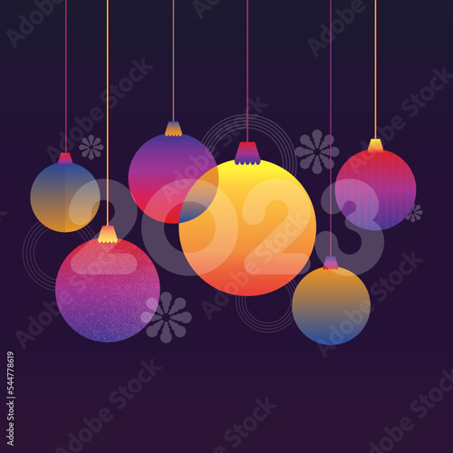 Xmas balls hanging, new year fluo neon gradient seasonal illustration