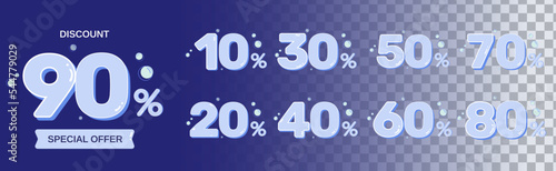 Set of flat light blue Discount numbers with bubble concept. Price off tag design collection. 10%, 20%, 30%, 40%, 50%, 60%, 70%, 80%, 90%, percent vector illustration.
