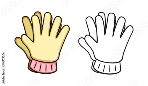 Gardening rubber gloves cute cartoon outline line art illustration. Gardening farming agriculture coloring book page activity worksheet for kids