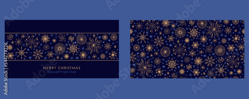 Elegant christmas card and gift wrap paper seamless pattern in gold and dark blue with stars, snowflakes and fireworks, modern design for packaging 