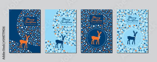 set of modern christmas cards in blue and orange with deer, collection of abstract and elegant vector cards for print, web und social media