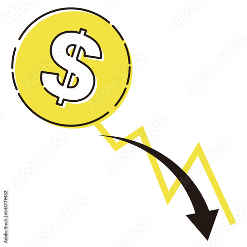 ドル（＄）通貨と下降するチャートのイラスト
