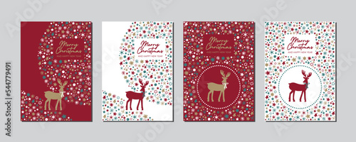 vector christmas cards collection in red, green, white with deer, set of abstract and elegant vector cards for print, web und social media