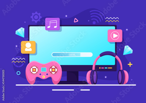 Video Game with Kids Playing Gamepad Controllers Fighting Console on Android Mobile Computer in Flat Cartoon Hand Drawn Template Illustration