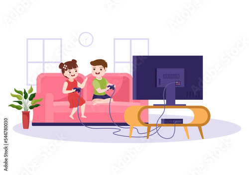 Video Game with Kids Playing Gamepad Controllers Fighting Console on Android Mobile Computer in Flat Cartoon Hand Drawn Template Illustration