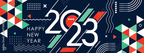 happy new year 2023 cover with modern abstract geometric design and background in retro style. new year greeting card banner for 2023 typography and resolution. Colorful dark Vector illustration.