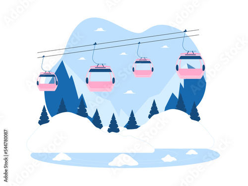 Cable car that goes down and up from the hill. View of hills and snowy fir forest. Holiday activity ideas. 
