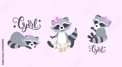 Vector illustration with cartoon gray raccoon on a pink background. Educational pictures for kids. T-shirt print for girls. The raccoon is sleeping, the raccoon is playing, the raccoon is sitting.
