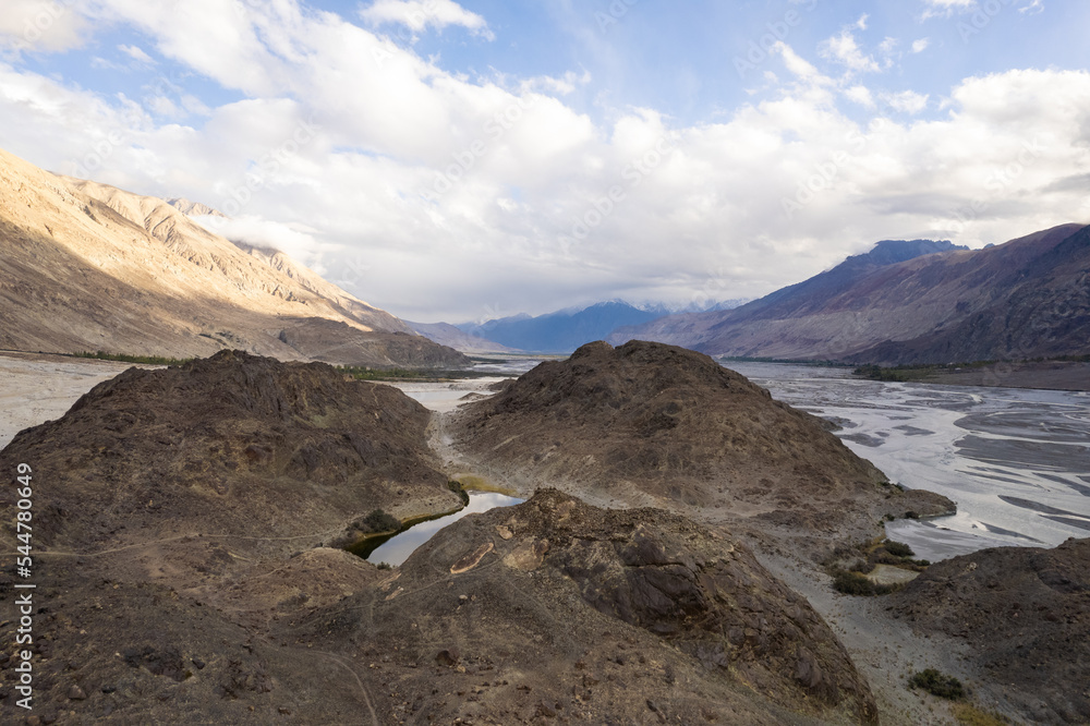 aerial view of Tso Yarab Lake - Hidden Buddhist Sacred. Himalaya mountains range. India, Ladakh, near in Nubra Valley. aerial view of Tso Yarab Lake - Hidden Buddhist Sacred. Himalaya mountains range. India, Ladakh, near in Nubra Valley.