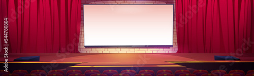Movie theater, cinema hall with white screen and rows of red seats front of the stage. Empty interior for watching film or performance with screen, chairs and illumination, Cartoon vector illustration