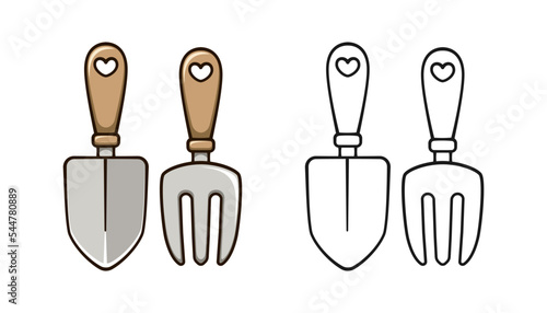 Garden shovel and hand fork rake cute cartoon outline line art illustration. Gardening farming agriculture coloring book page activity worksheet for kids