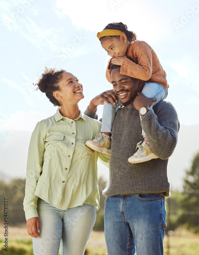 Картината върху платно Parents, kids and happy family in park, garden and sunshine field outdoors for bonding, love and quality time together