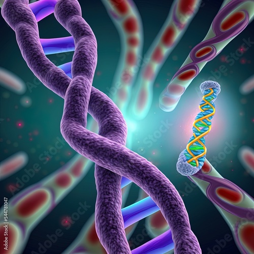 Chromosome and cell nucleus with telomere and DNA concept for a human biology x structure containing dna genetic information for gene therapy or microbiology genetics as a 3D illustration. photo