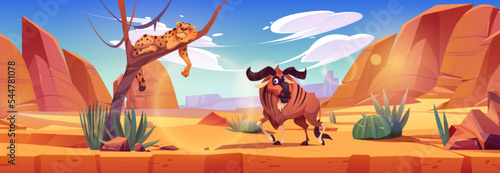 African natural landscape with exotic savanna animals. Cartoon vector illustration of cheetah sleeping on tree and buffalo walking in wildlife park with brown rocks and green plants. Safari journey