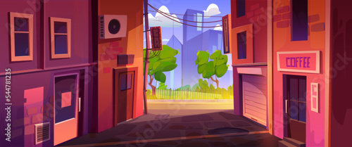 Alleyway with store and coffee house doors in buildings and view to summer city park and skyscrapers on horizon. Cityscape with empty back street alley, vector cartoon illustration