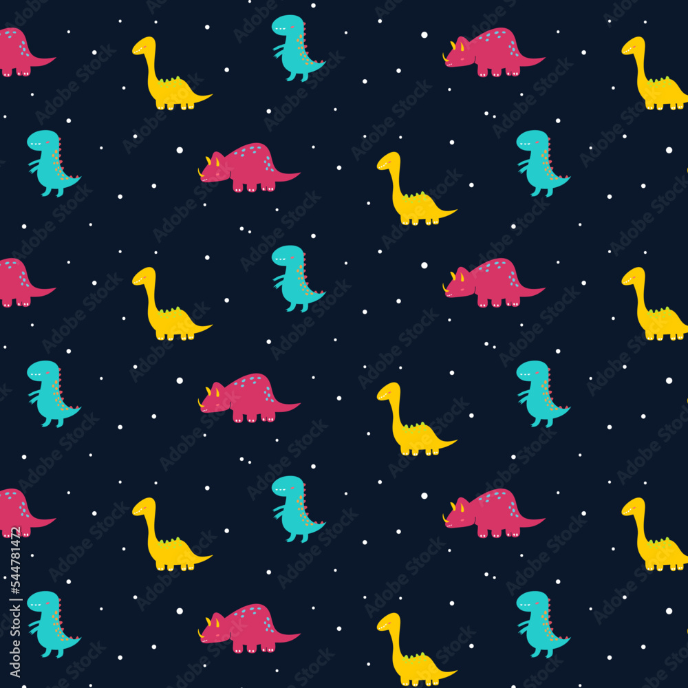Cute dinosaur seamless pattern in childish style. Vector Illustration. Can be used for fabric and textile, wallpapers, backgrounds, home decor, posters, cards.