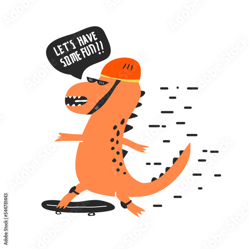 Fototapeta Naklejka Na Ścianę i Meble -  Cute dinosaur playing skateboard in childish style. Vector Illustration. Can be used for fabric and textile, wallpapers, backgrounds, home decor, posters, cards.