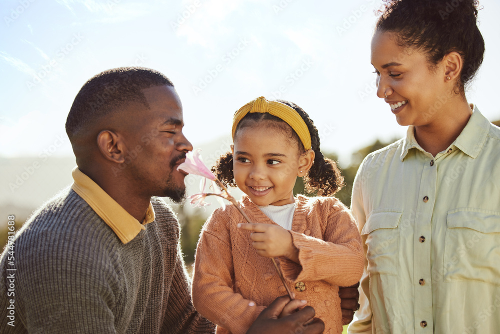 Countryside, nature and happy black family with child enjoying weekend, holiday and vacation in summer. Love, family and girl playing with flower with father and mom with fun, freedom and happiness Countryside, nature and happy black family with child enjoying weekend, holiday and vacation in summer. Love, family and girl playing with flower with father and mom with fun, freedom and happiness